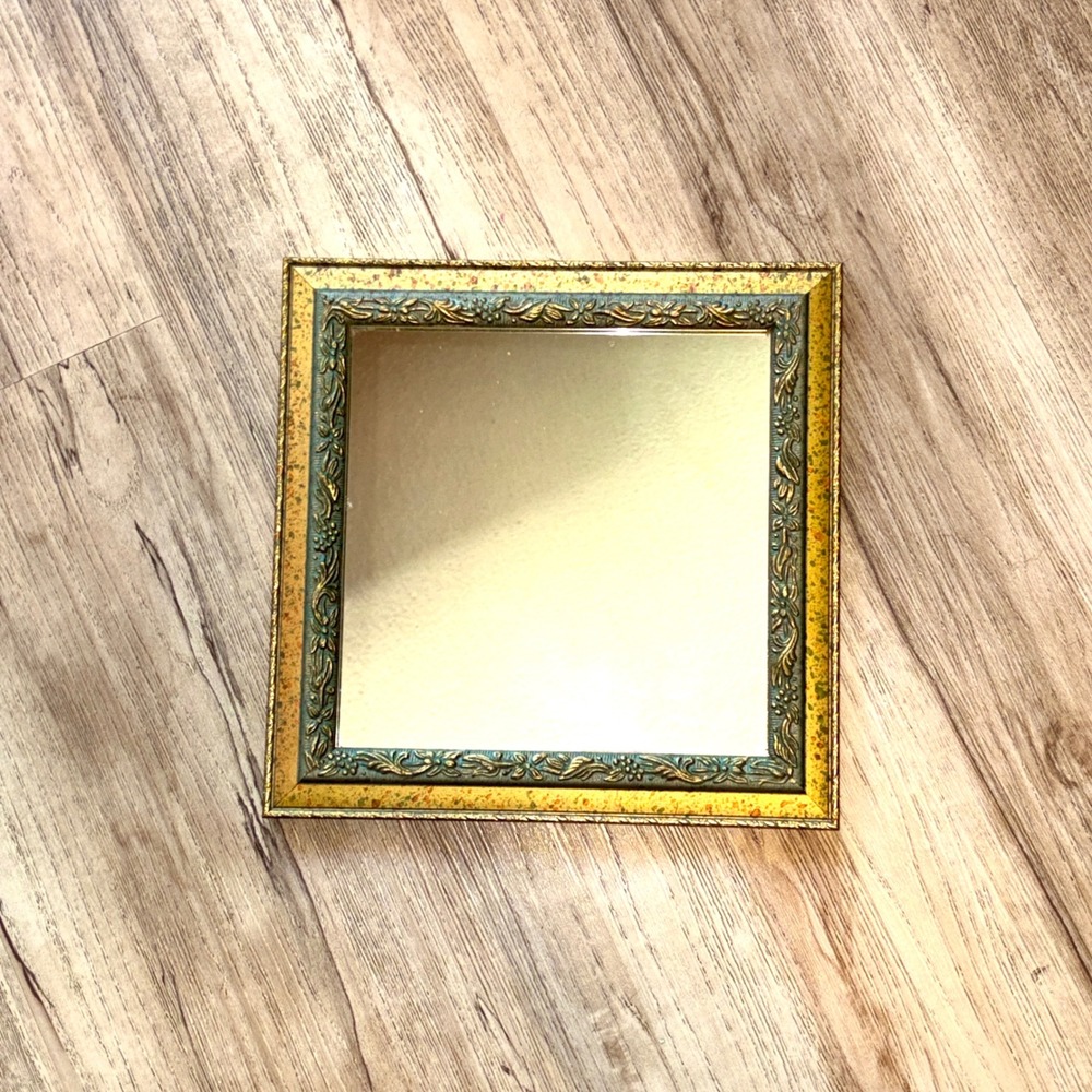Vtg Ornate Square Wall Mirror Gold Verdigris Floral Scrollwork Frame 9.5in - Picture 3 of 16